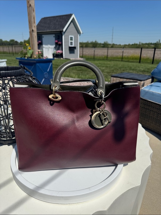 Dior Handbags - Dior Diorissimo Burgundy Leather Tote with Gray Handles